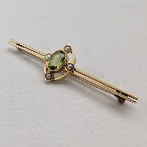 British Antique 15ct Gold Greenstone & Pearl Pin Brooch
